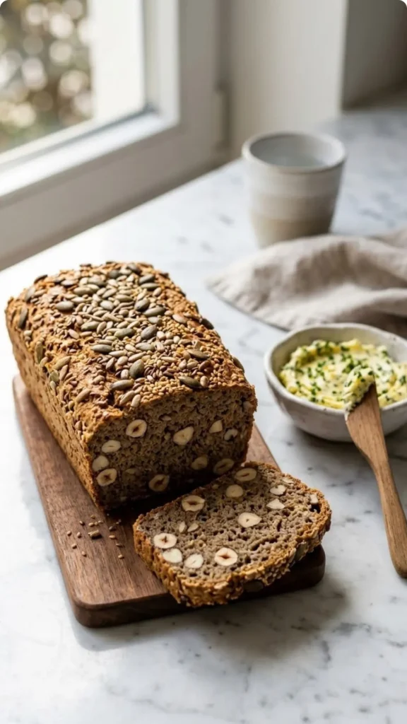 Das beste Low Carb Brot Rezept serviert mit Kräuterbutter — Eine abgeschnittene Brotscheibe zeigt die saftige Nusskrume.