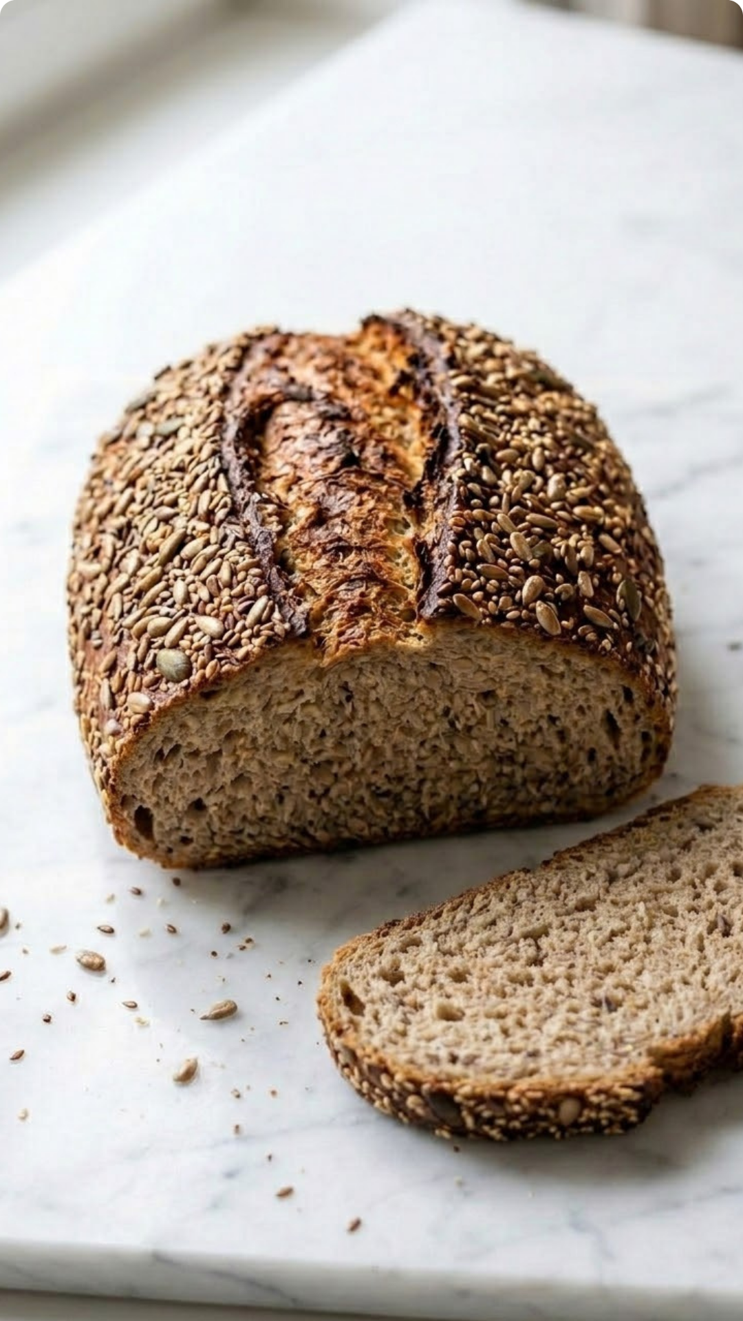 Das schnelle Sauerteigbrot frisch gebacken — Ein großes, rustikales Kastenbrot überstreut mit krossen Sonnenblumen- und Kürbiskernen auf weißem Marmor.