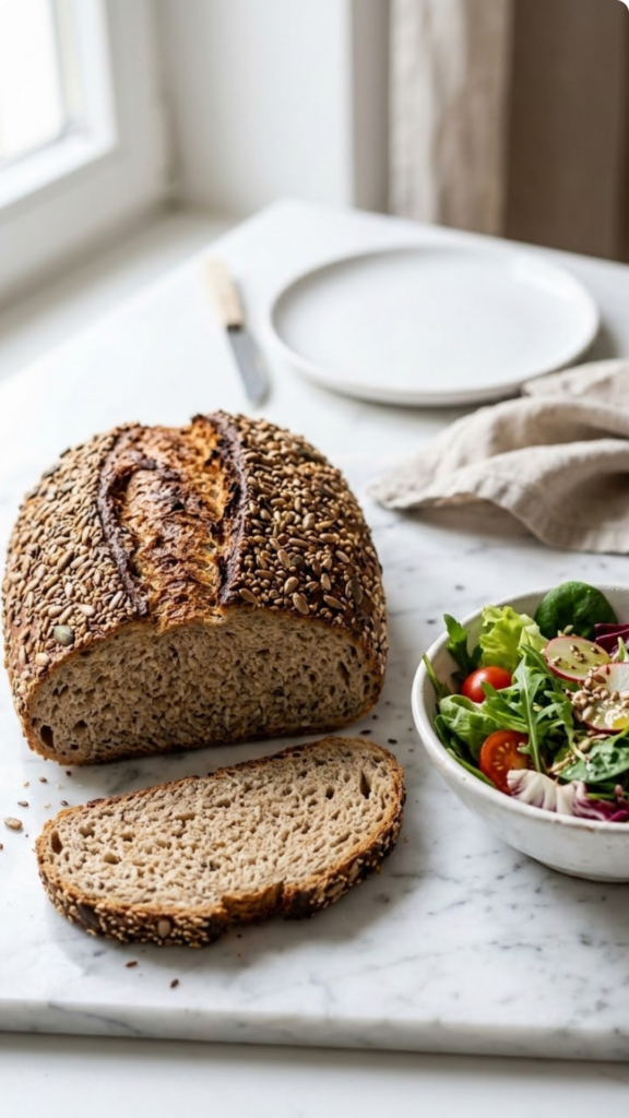 Das schnelle Sauerteigbrot serviert mit bunter Blattsalat — Eine abgeschnittene, saftige Schrotbrotscheibe liegt appetitlich neben frischem Salat.