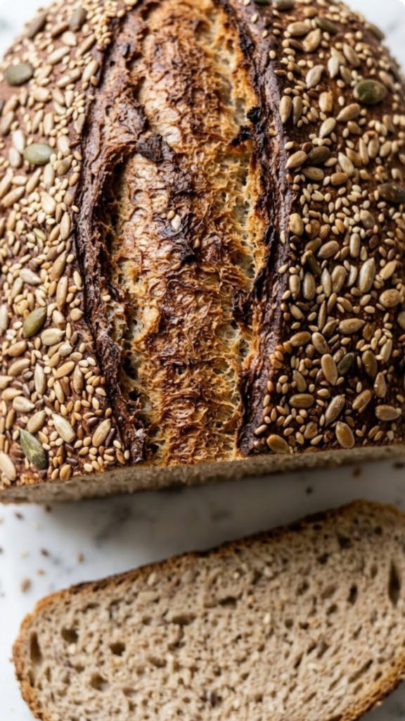 Nahaufnahme von Das schnelle Sauerteigbrot — Detailansicht der tiefen Backspalten und der goldbraun gerösteten Saatenmischung.