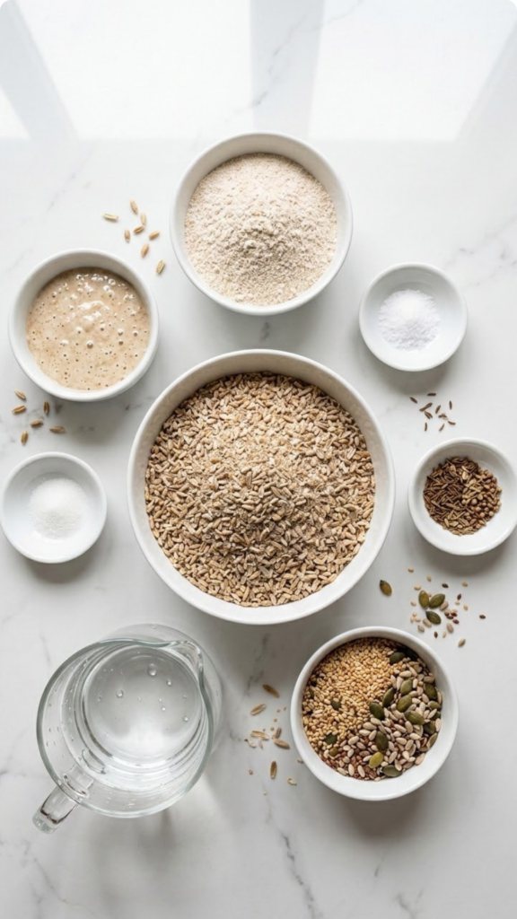 Zutaten für das schnelle Sauerteigbrot: Roggenschrot, Weizenmehl, Sauerteig-Anstellgut, gemischte Saaten, lauwarmes Wasser, Salz und Brotgewürz.