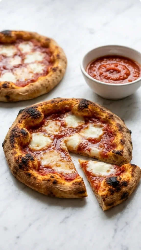 Sauerteig Pizzateig serviert mit Aioli — Ein aufgeschnittenes Stück Pizza zeigt die dünne, krosse Kruste und den luftigen Rand.