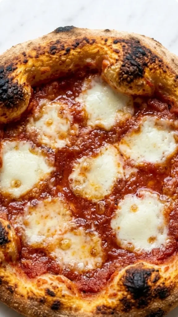 Nahaufnahme von Sauerteig Pizzateig — Detailierte Ansicht der dunklen Röstblasen (Leoparding) auf dem krossen Pizzarand.