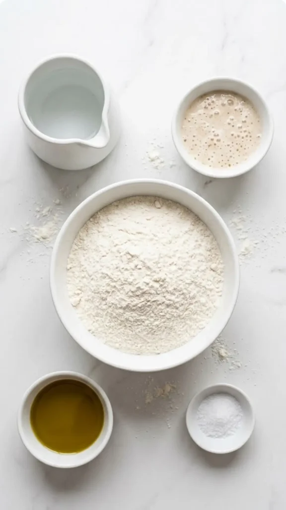 Zutaten für Sauerteig Pizzateig: Original italienisches Typ 00 Mehl, aktiver Starter, Olivenöl, Meersalz und lauwarmes Wasser.