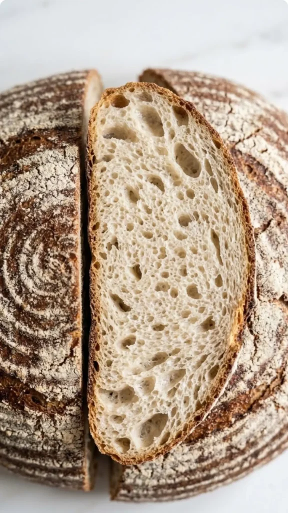 Nahaufnahme von Roggenmischbrot mit Sauerteig — Detailansicht der bemehlten Knusperkruste und der feinen, natürlichen Backrisse.