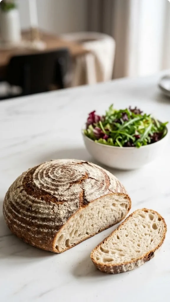 Roggenmischbrot mit Sauerteig serviert mit bunter Blattsalat — Eine abgeschnittene, saftige Brotscheibe mit krosser Kruste liegt einladend neben frischem Salat.