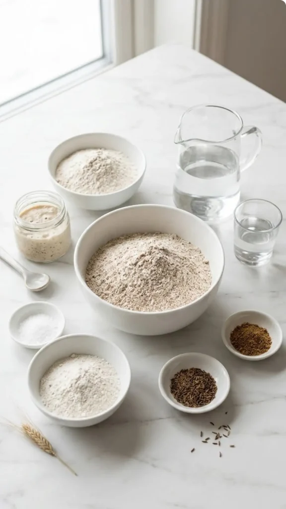 Zutaten für schnelles Roggenmischbrot: Roggenmehl, Dinkelmehl, Roggensauerteig-Anstellgut, lauwarmes Wasser, Salz, Kümmel und Koriander.