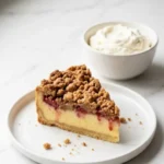 Erdbeer-Rhabarber-Streuselkuchen serviert mit Sahne — Ein angeschnittenes Kuchenstück zeigt Pudding, Früchte und Streusel.