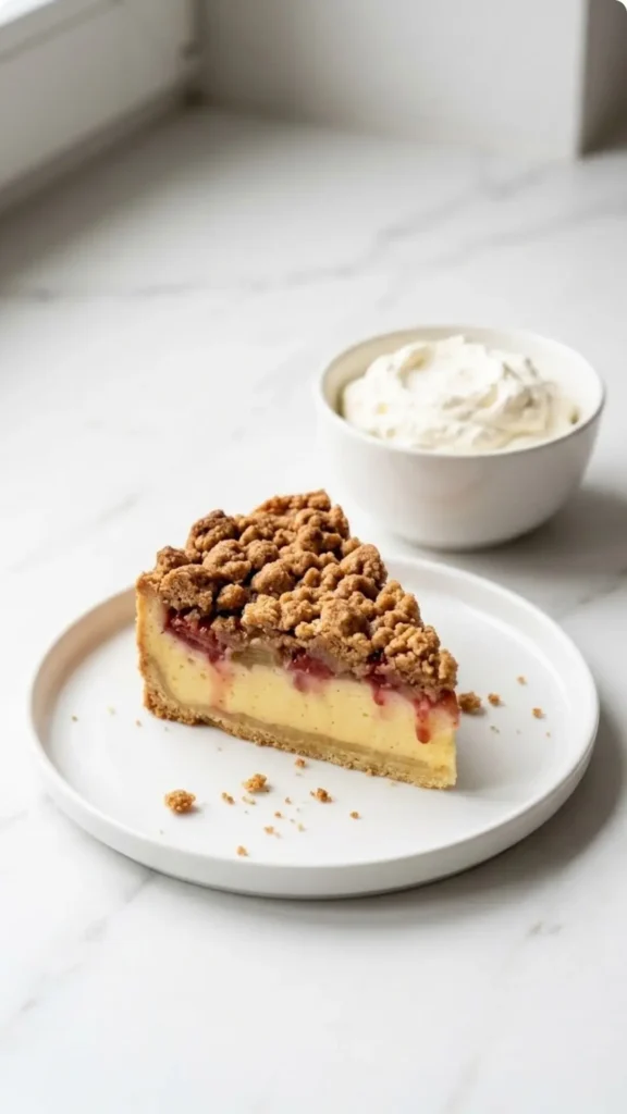 Erdbeer-Rhabarber-Streuselkuchen serviert mit Sahne — Ein angeschnittenes Kuchenstück zeigt Pudding, Früchte und Streusel.