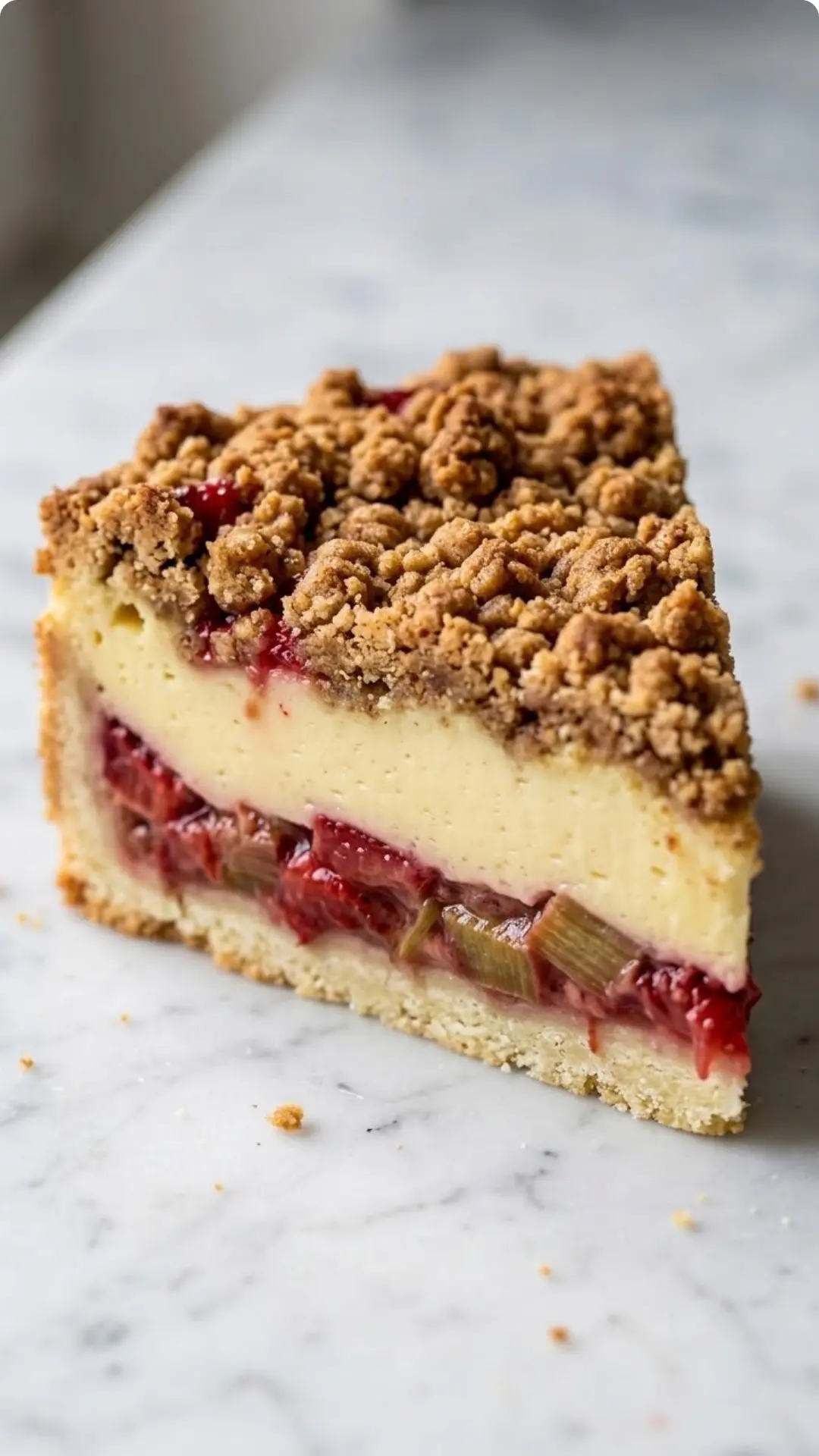Erdbeer-Rhabarber-Streuselkuchen mit Vanillepudding frisch gebacken — Knusprige goldbraune Zimtstreusel auf weißem Marmor.