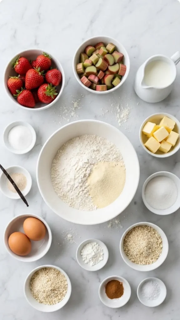 Zutaten für Erdbeer-Rhabarber-Streuselkuchen mit Pudding: Mehl, Erdbeeren, Rhabarber, Milch, Butter, Zucker und Eier auf Marmor.