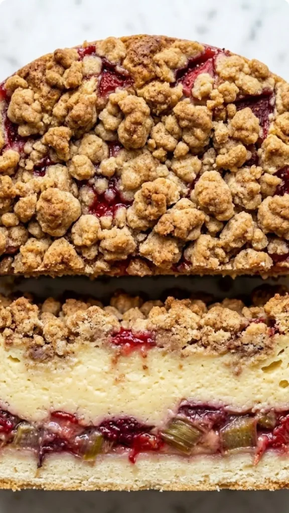 Nahaufnahme von Erdbeer-Rhabarber-Streuselkuchen — Detailierte Struktur der knusprigen Butterstreusel mit feiner Zimtnote.
