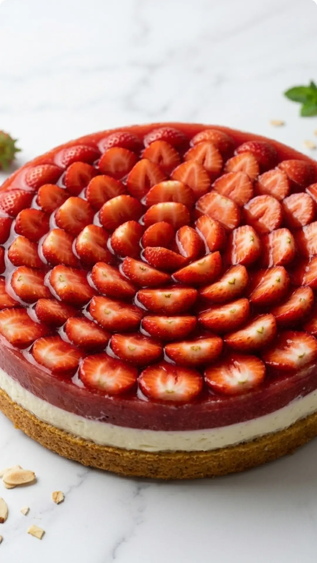 Erdbeertorte frisch gebacken — glänzender roter Tortenguss über dicht an dicht gelegt frischen Erdbeeren.