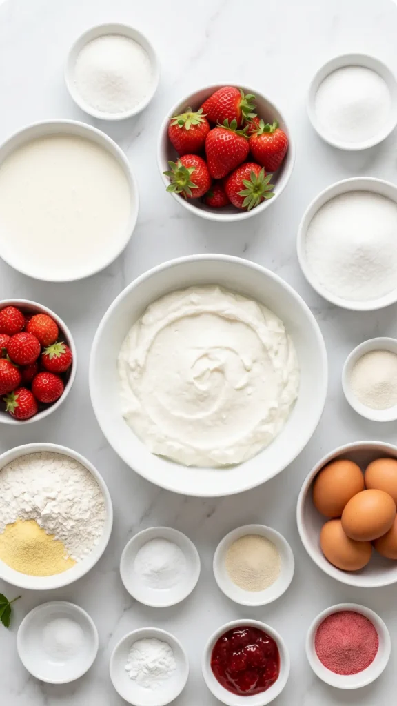 Zutaten für Erdbeertorte: Mehl, Quark, frische Sahne, Eier und leuchtend rote Erdbeeren in weißen Schalen.
