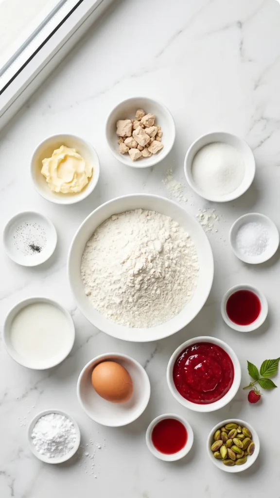 Zutaten für Fruchtiger Hefezopf mit Beerenfüllung: Weizenmehl, frische Hefe, Butter, Milch, Ei und Beerenkonfitüre