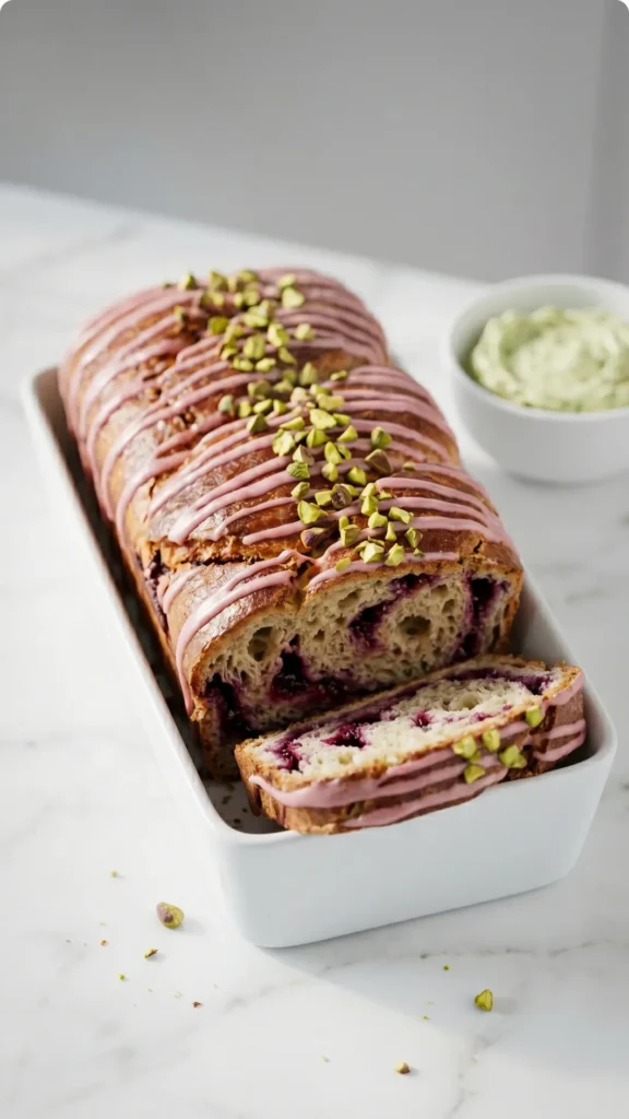 Fruchtiger Hefezopf mit Beerenfüllung serviert mit Bärlauchbutter — aufgeschnittene Babka mit Beerenwirbel auf weißem Marmor