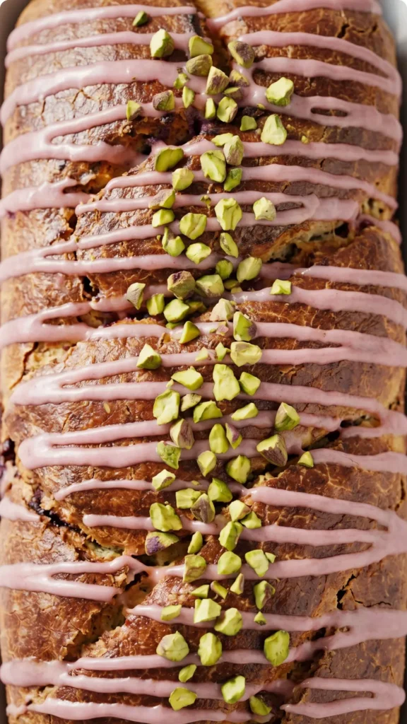 Nahaufnahme von Fruchtiger Hefezopf mit Beerenfüllung — Makroaufnahme der gedrehten Babka-Kruste mit Beeren und Pistazien