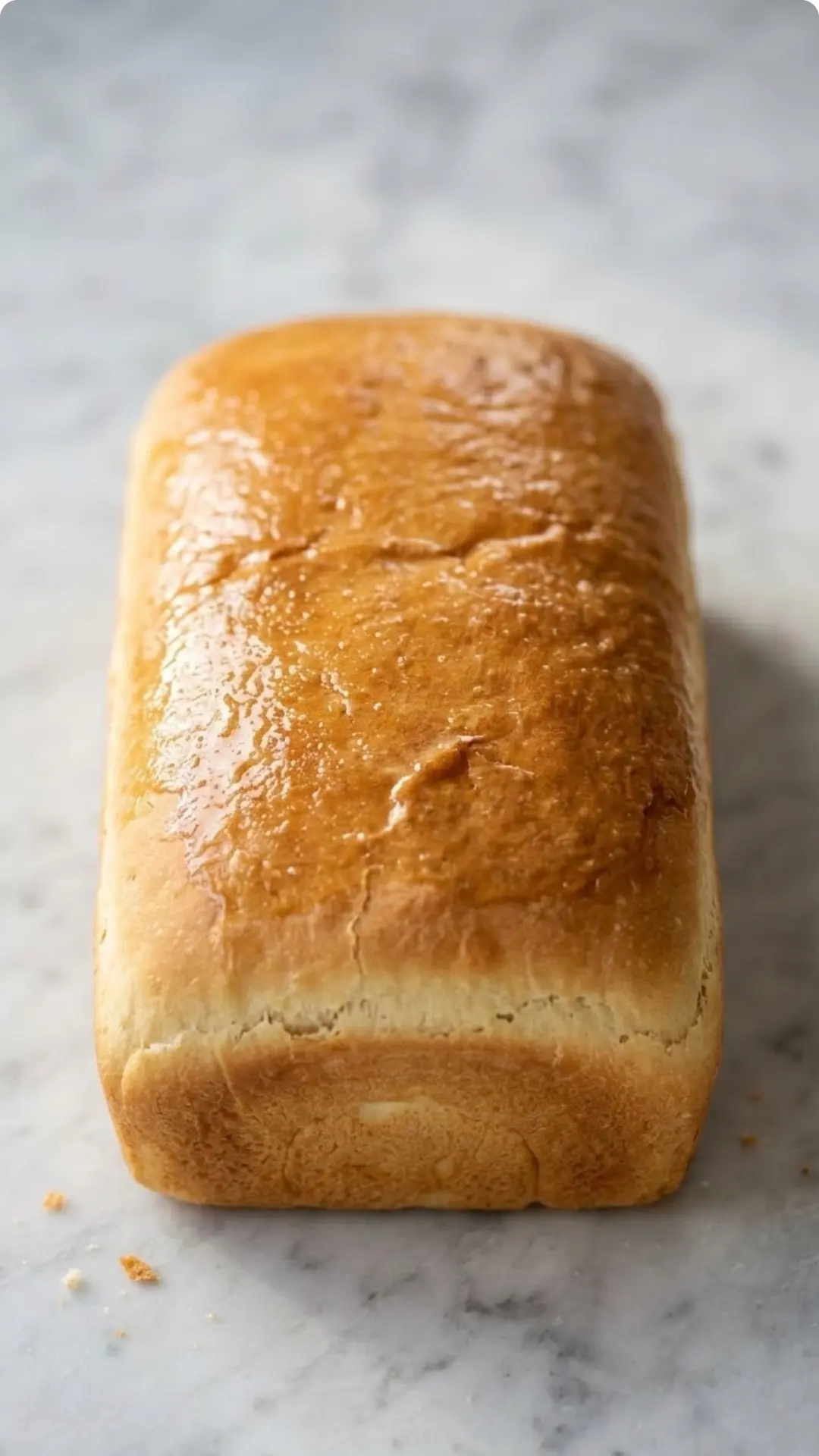 Klassisches hausgemachtes Kastenbrot frisch gebacken — Weiches, goldbraun glänzendes Sandwichbrot auf weißem Marmor.