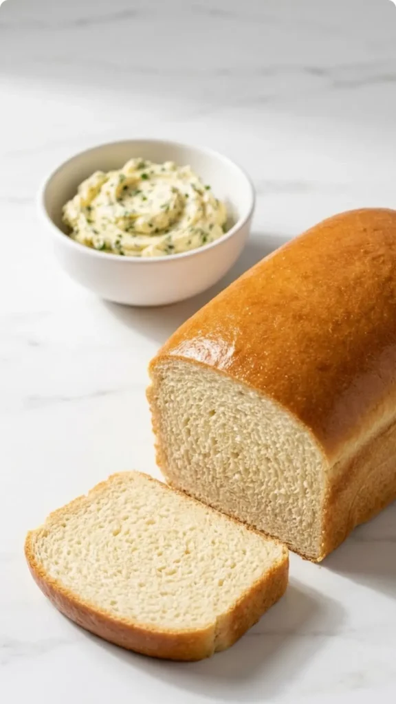 Hausgemachtes Kastenbrot serviert mit Kräuterbutter — Eine aufgeschnittene, ultra-weiche Scheibe zeigt die feine Brotstruktur.