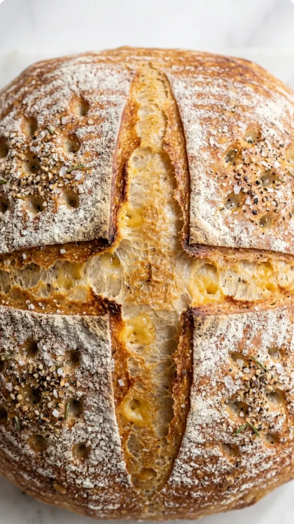 Oliven-Speck-Käse-Brot frisch gebacken — runder Brotlaib mit knuspriger goldbrauner Kruste auf weißem Marmor.