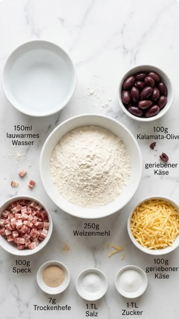 Zutaten für Oliven-Speck-Käse-Brot: Weizenmehl, Kalamata-Oliven, Speckwürfel und geriebener Käse in weißen Schalen.