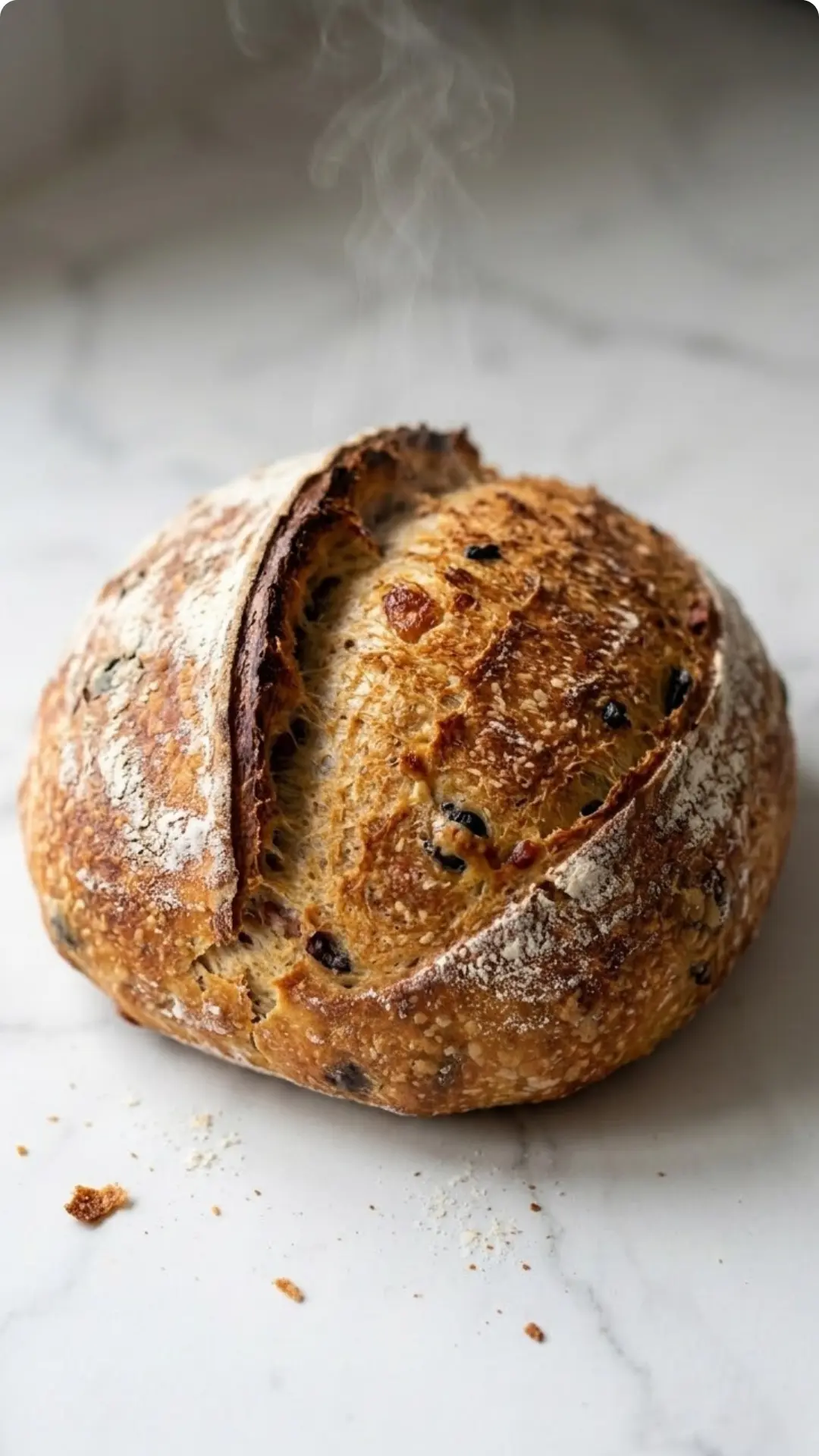 Oliven-Speck-Käse-Brot frisch gebacken — runder Brotlaib mit knuspriger goldbrauner Kruste auf weißem Marmor.