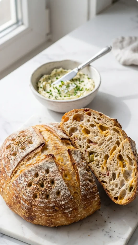Oliven-Speck-Käse-Brot serviert mit Kräuterbutter — angeschnittener Brotlaib zeigt saftige Krume mit Oliven- und Speckstücken.