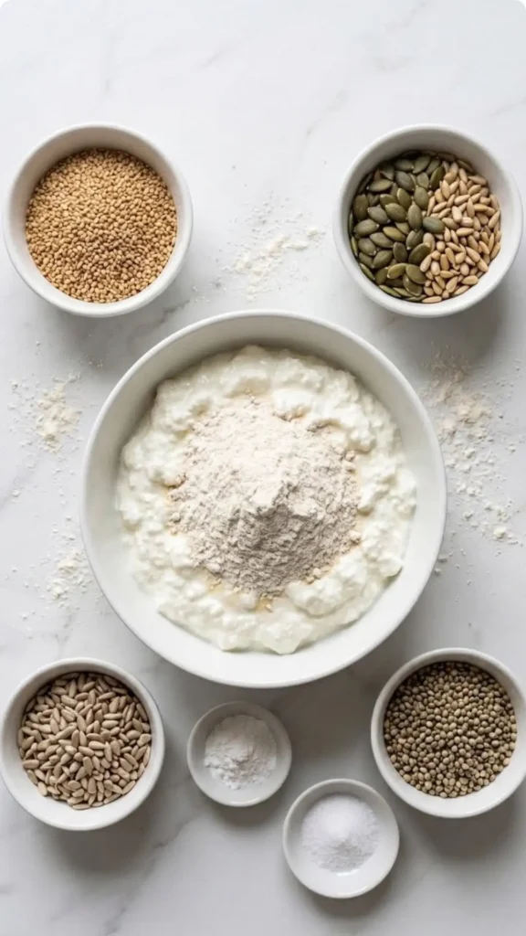 Zutaten für Körnerstangen mit Quark: Magerquark, Dinkelmehl und eine bunte Mischung aus verschiedenen Kernen und Saaten.