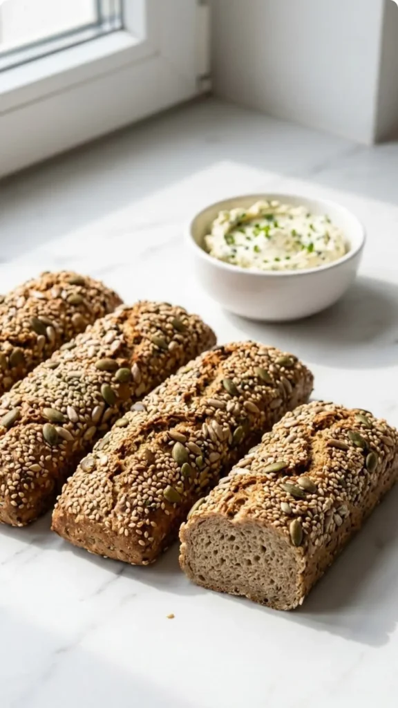 Körnerstangen mit Quark serviert mit Kräuterbutter — Aufgeschnittene Proteinstange zeigt das saftige Innere der Krume.