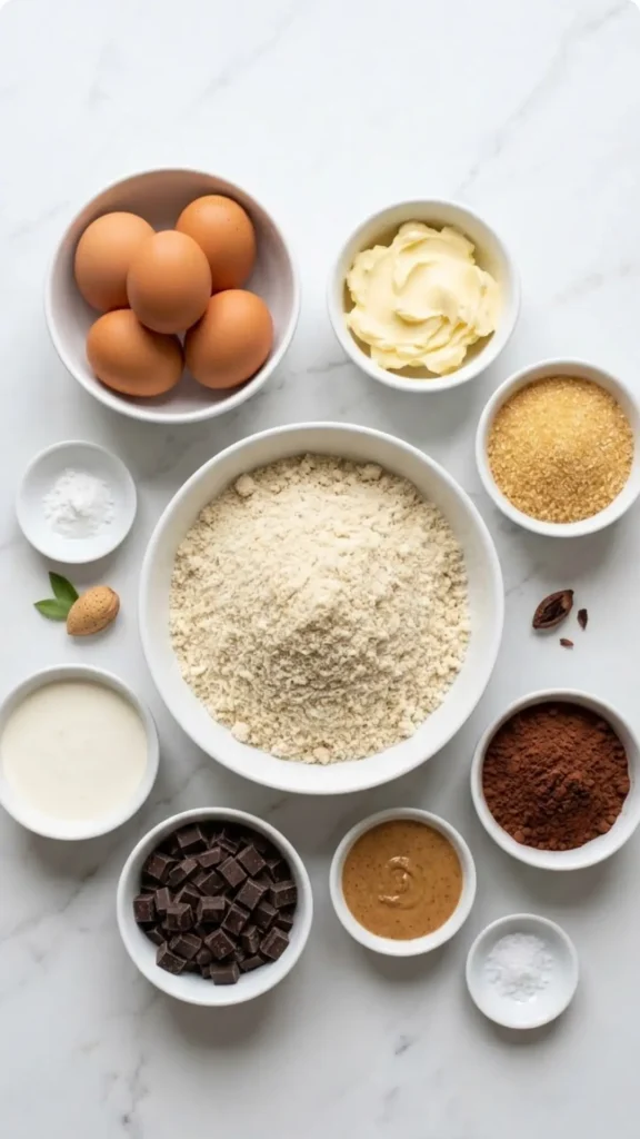 Zutaten für Keto Schokokuchen: Mandelmehl, Eier, Butter, Erythrit und ungesüßtes Kakaopulver auf weißem Marmor.
