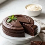 Keto Schokokuchen serviert mit Vanille-Sahne — Ein angeschnittenes Stück zeigt das saftige Innere.