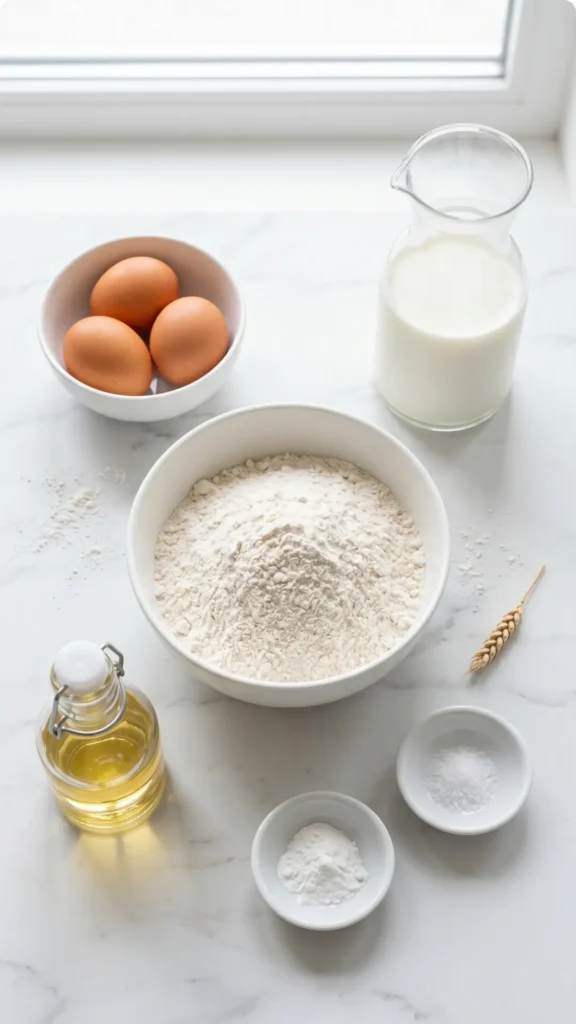 Zutaten für klassische Eierkuchen: Weizenmehl, frische Milch, Eier, Backpulver, Salz und Pflanzenöl.