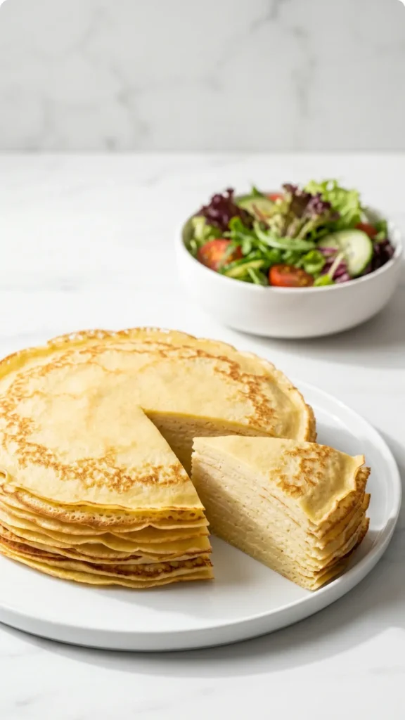 Eierkuchen serviert mit bunter Blattsalat — Ein gefalteter, saftiger Pfannkuchen liegt appetitlich neben einer Schale Salat.