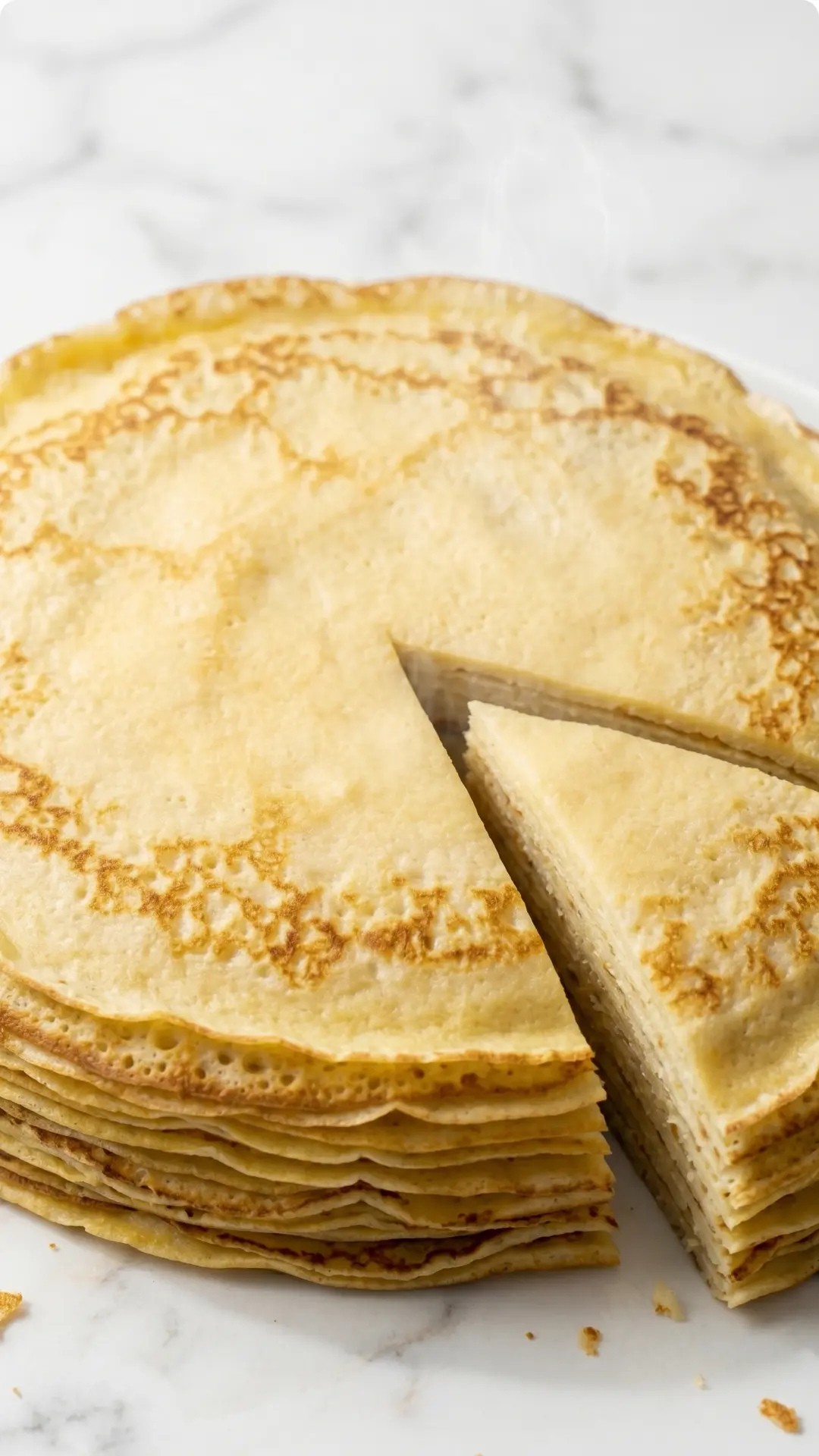 Eierkuchen frisch gebacken — Ein einladender Stapel goldgelber, dünner Pfannkuchen auf weißem Untergrund.