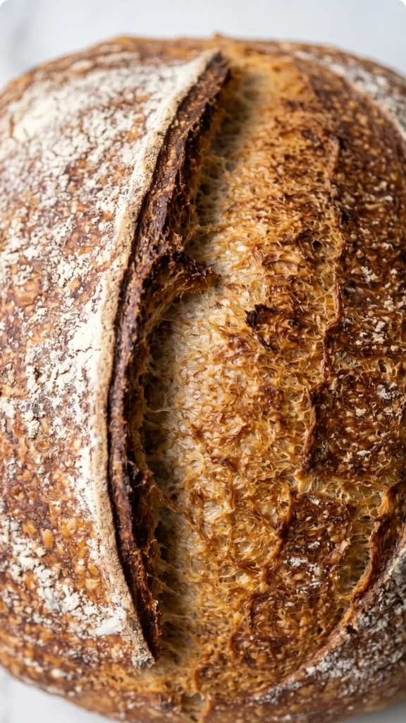 Nahaufnahme von Dinkel-Sauerteigbrot — Detailansicht der stark verkrusteten, goldbraun gebackenen Oberfläche.