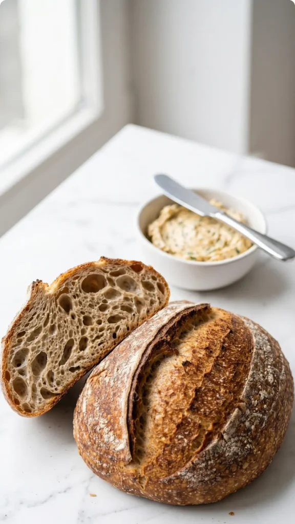 Dinkel-Sauerteigbrot serviert mit Kräuterbutter — angeschnittener Laib zeigt die saftige, offen porige Krume.