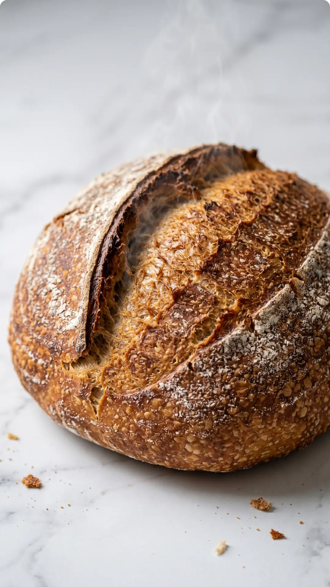 Dinkel-Sauerteigbrot frisch gebacken — runder, rustikaler Brotlaib mit krachender Kruste und feiner Bemehlung.