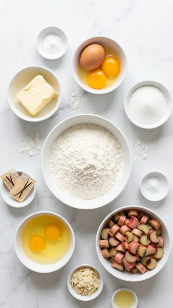 Zutaten für kleinen Rhabarberkuchen: Mehl, Rhabarberscheiben, Butter, Eier, Zucker, Backnatron und Mandelplättchen