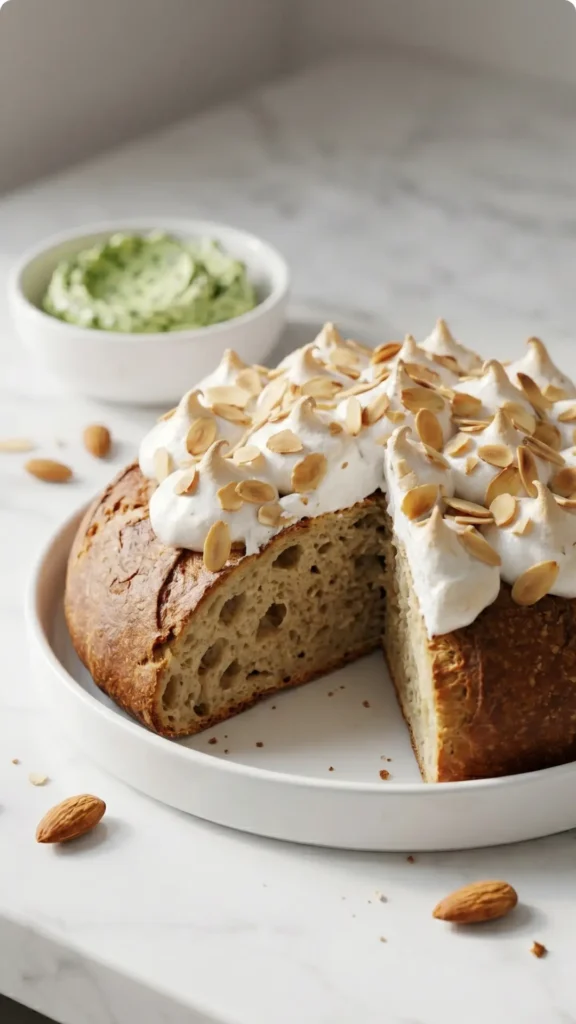 Kleiner Rhabarberkuchen mit Baiser serviert mit Bärlauchbutter — aufgeschnittenes Kuchenstück mit saftiger Rhabarberschicht