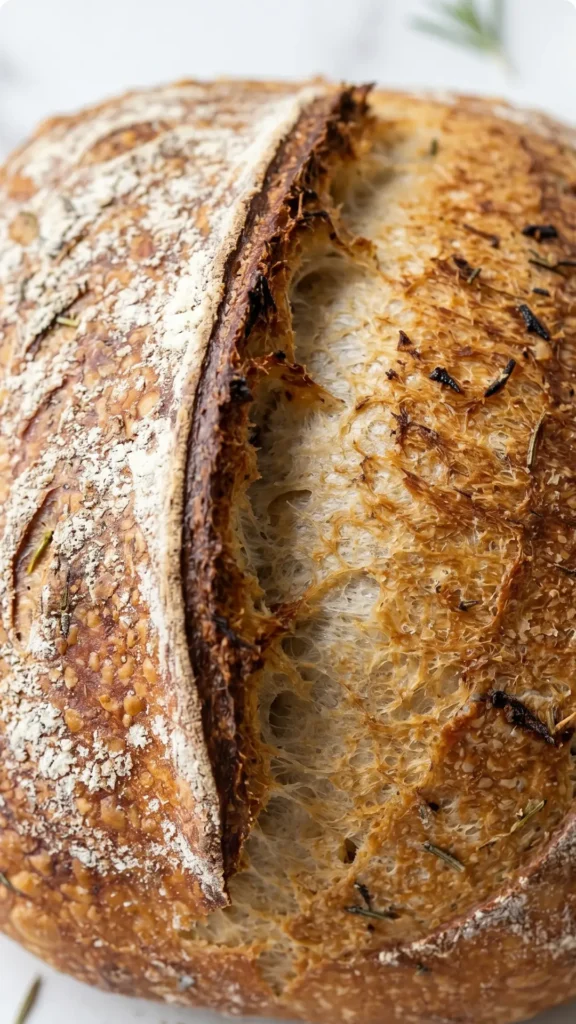 Nahaufnahme von Rosmarin-Knoblauch Artisan Brot — Detailansicht der knusprigen, bemehlten Kruste mit Rosmarinspecks.