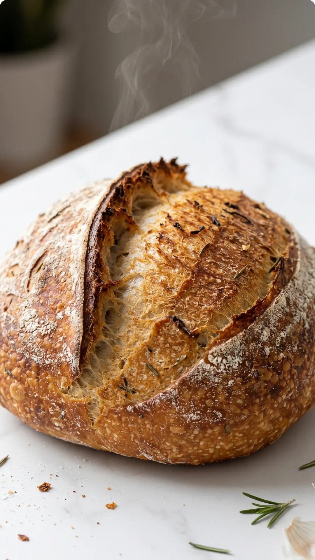 Rosmarin-Knoblauch Artisan Brot frisch gebacken — runde Kruste mit markantem Einschnitt und Mehlbestäubung.
