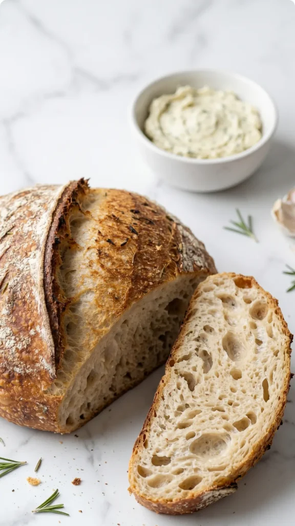 Rosmarin-Knoblauch Artisan Brot serviert mit Kräuterbutter — angeschnittenes Brot zeigt die weiche, offen porige Krume.