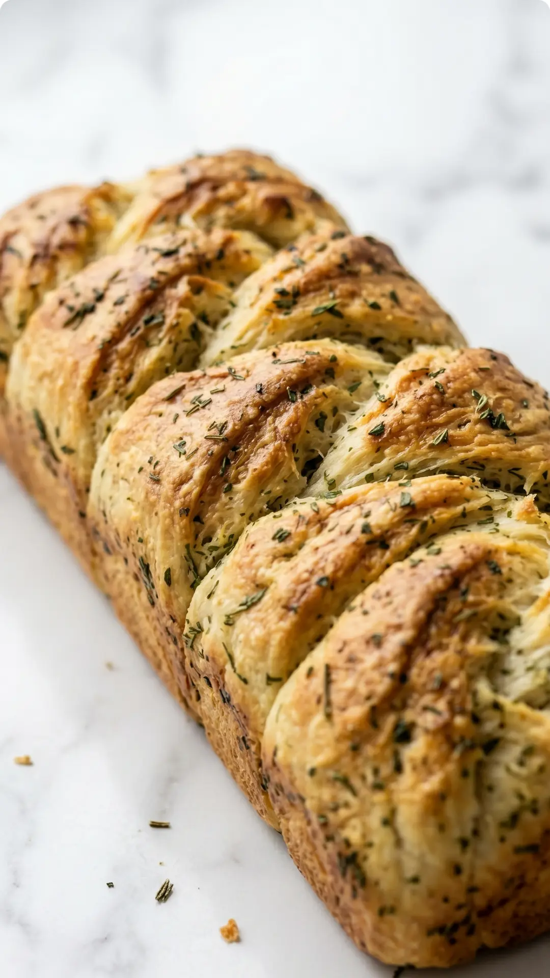 Kräuterbaguette frisch gebacken — Ein kunstvoll geschnittenes Ährenbrot mit sichtbaren grünen Kräutern auf weißem Marmor.