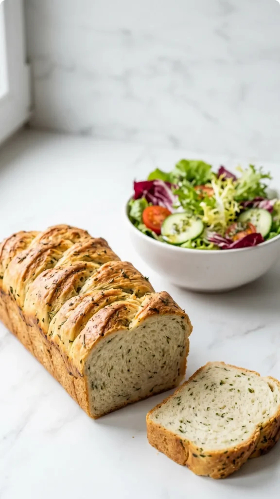 Kräuterbaguette serviert mit bunter Blattsalat — Ein abgebrochenes Stück des saftigen Ährenbrotes liegt appetitlich neben frischem Salat.