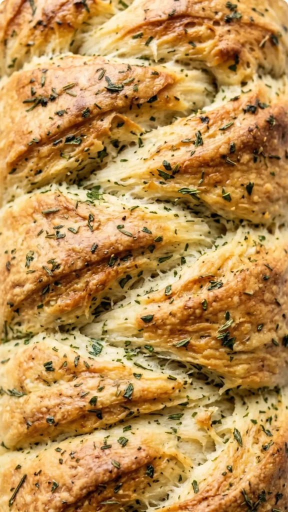 Nahaufnahme von Kräuterbaguette — Detailansicht des wellenförmigen Ährenmusters und der eingebackenen frischen Kräuter.