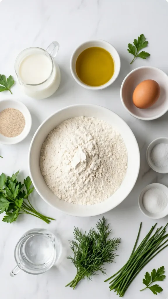 Zutaten für hausgemachtes Kräuterbaguette: Weizenmehl, Milch, Olivenöl, Hefe, Ei, Wasser, Salz, Zucker sowie frische Petersilie, Dill und Schnittlauch.
