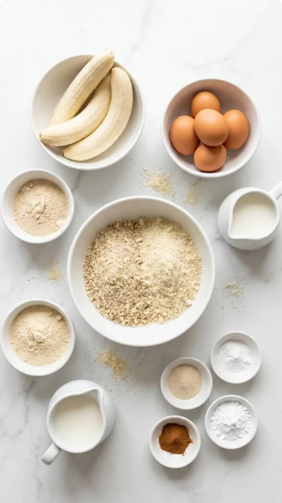 Zutaten für Low Carb Bananenbrot: Reife Bananen, Eier, gemahlene Mandeln, Mandelmehl, Proteinpulver, Milch und Zimt auf Marmor.