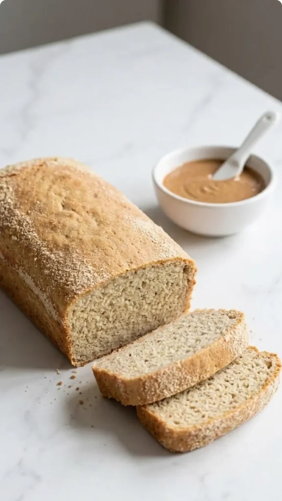 Low Carb Bananenbrot serviert mit Mandelmus — Eine abgeschnittene Kuchenscheibe zeigt die saftige, mehlfreie Fruchtkrume.