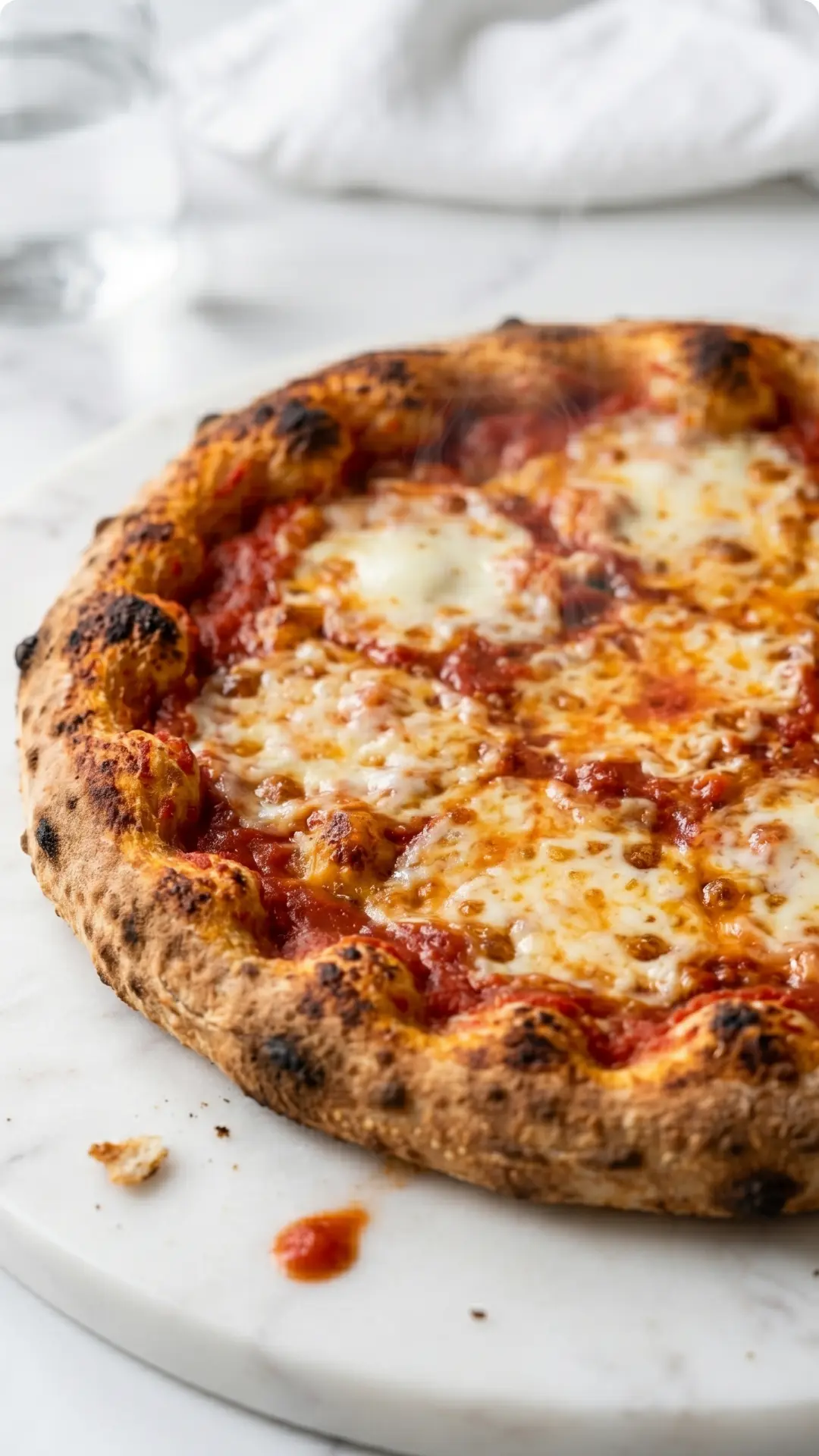 Pizza aus Sauerteig frisch gebacken — Eine original italienische Pizza mit Blasenrand auf weißem Marmor.