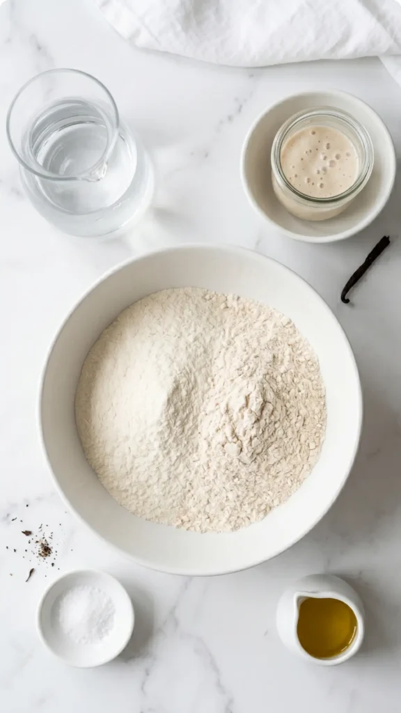 Zutaten für Sauerteig-Pizza: Pizzamehl Type 00, Weizenmehl, lauwarmes Wasser, Sauerteig-Ansatz, Salz und Olivenöl.